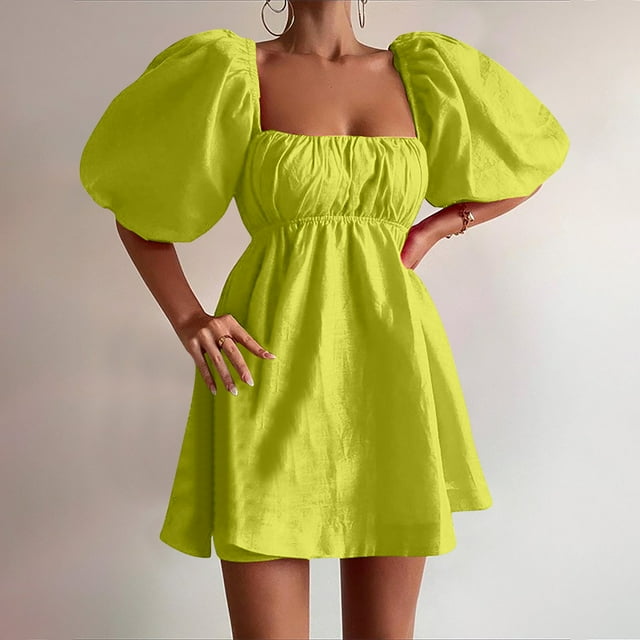 Fankiway Mode Femmes Robe d'Été à Col Carré Manches Bouffantes Décontractée Mini Robe Grande Taille pour Femmes Rondes Robes de Printemps pour Femmes 8865