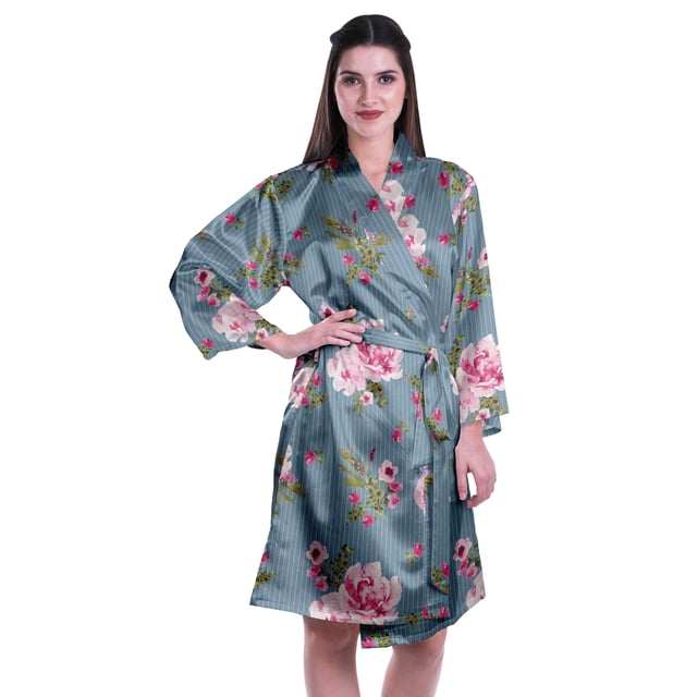 Moomaya Printed Womens Kimono Robes Short Satin Silk Bridal Robe Loungewear