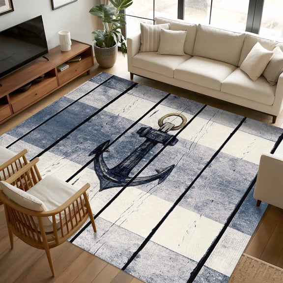 8x10 Area Rugs Navy Blue Nautical Non-Skid Rubber Backing Large Rectangle Rugs - Living Room Bedroom Home Office, Coastal Blue Striped Vintage Indoor Floor Mat Carpets Washable Rug