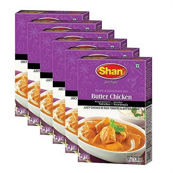 Shan Butter Chicken Recipe and Seasoning Mix 1.76 oz (50g) - Spice Powder for Juicy Chicken in Rich Tomato and Butter Sauce - Suitable for Vegetarians - Airtight Bag in a Box (Pack of 6)