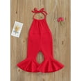 thumbnail image 2 of Toddler Girl Halter Sleeveless Romper Solid Color Ribbed Bell Bottom Jumpsuit, 2 of 8