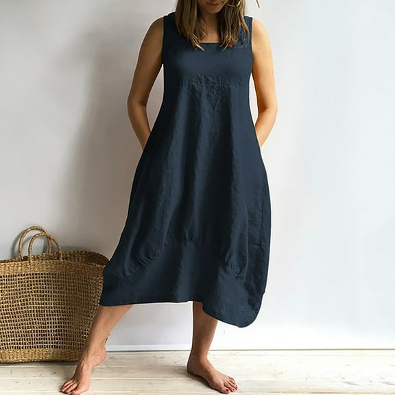 Nuoqisi Women's Summer Fashion Linen Casual Round Neck Solid Sleeveless Dress - Breathable Warm Weather Dress for Daytime Outings, Casual Events and Easy Seasonal Style