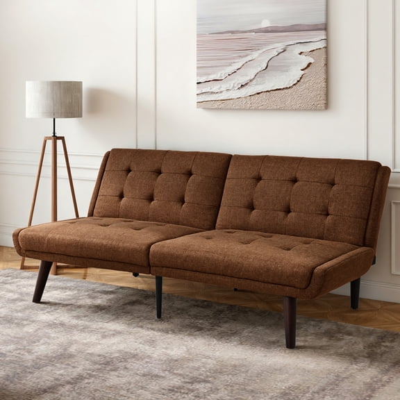 Youmumeub Modern 63" Sleeper Couch - Brown Linen Futon Loveseat with 5 Recline Positions, Solid Metal Frame, Tufted Back & Square Arms, Quick-Convert Guest Bed for Studio or Office