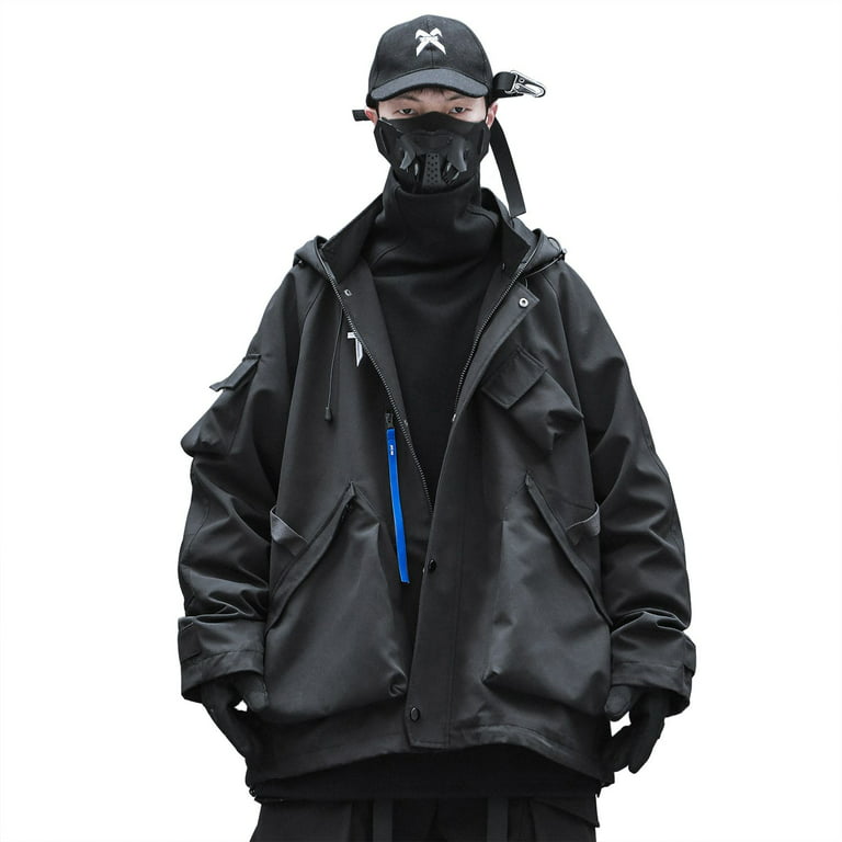 Techwear Parka Jacket For Men Streetwear Winter Hooded Zipper Pockets Coats