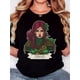 thumbnail image 1 of [Everyday Comfort] Women's Retro Minimalist "DRUID" Graphic T-Shirt - Black with Red-Haired Woman & Green Leaf Design, Casual Comfort Fit, Short Sleeve, Round Neck Tee, Ladies T Shirts, 1 of 7