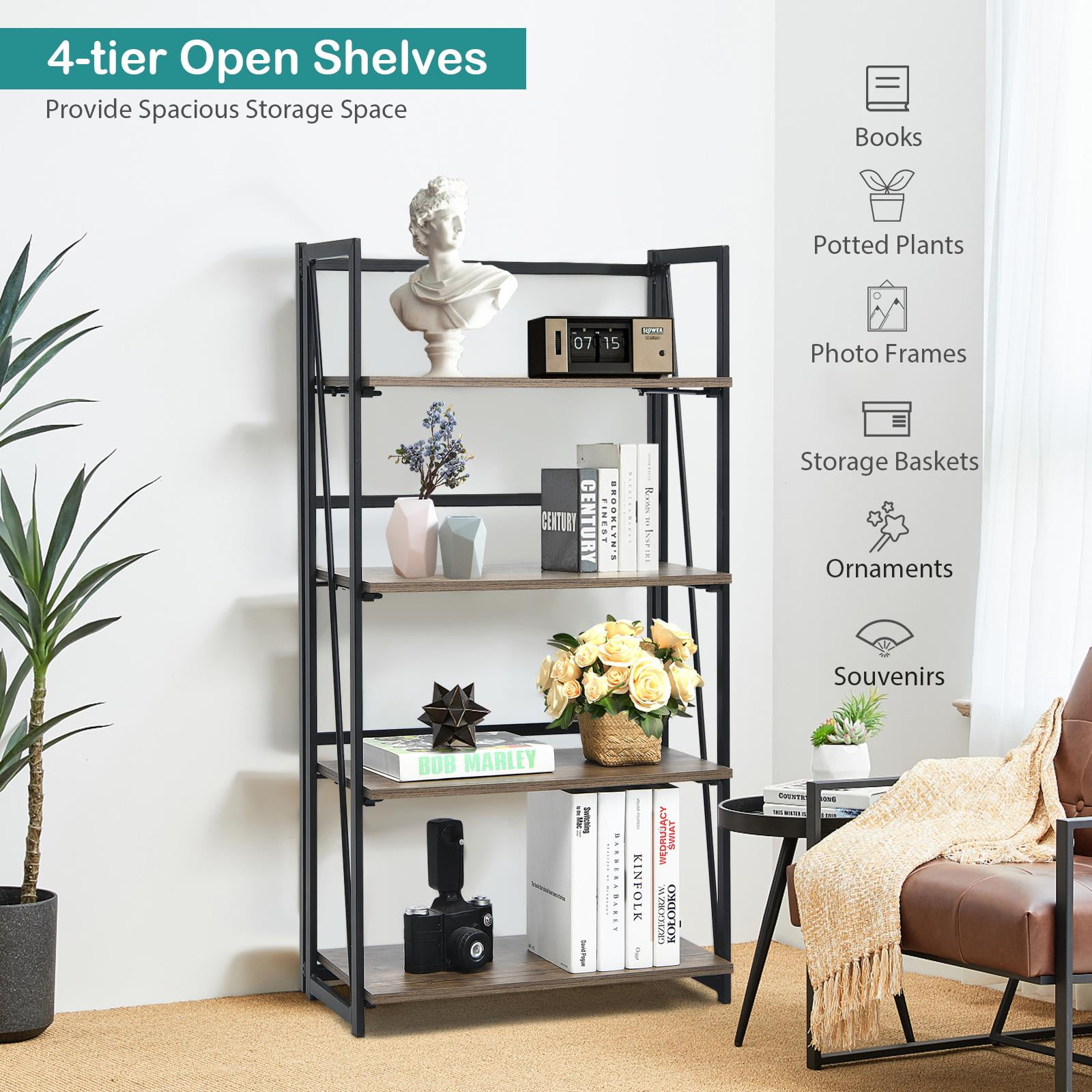 Giantex 4-Tier Folding Bookshelf, No-Assembly Industrial Bookcase, Display Rack & Freestanding Storage Shelves