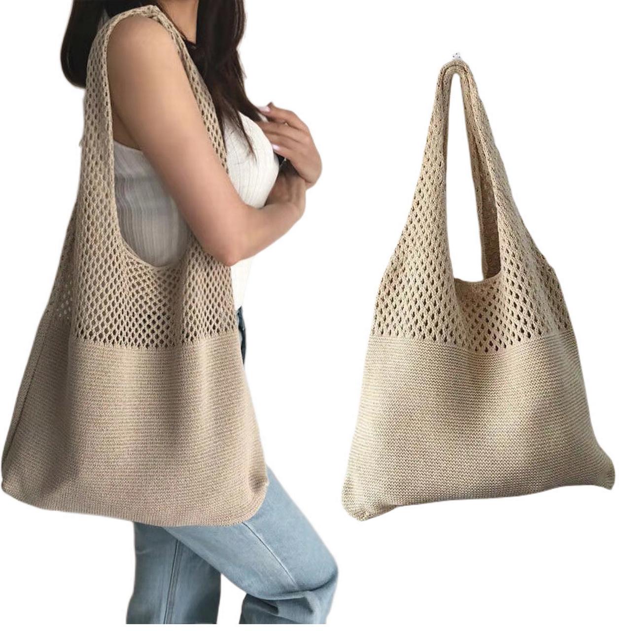 Crochet Mesh Beach Tote Bag, Summer Y2K Aesthetic Knit Shoulder Bag