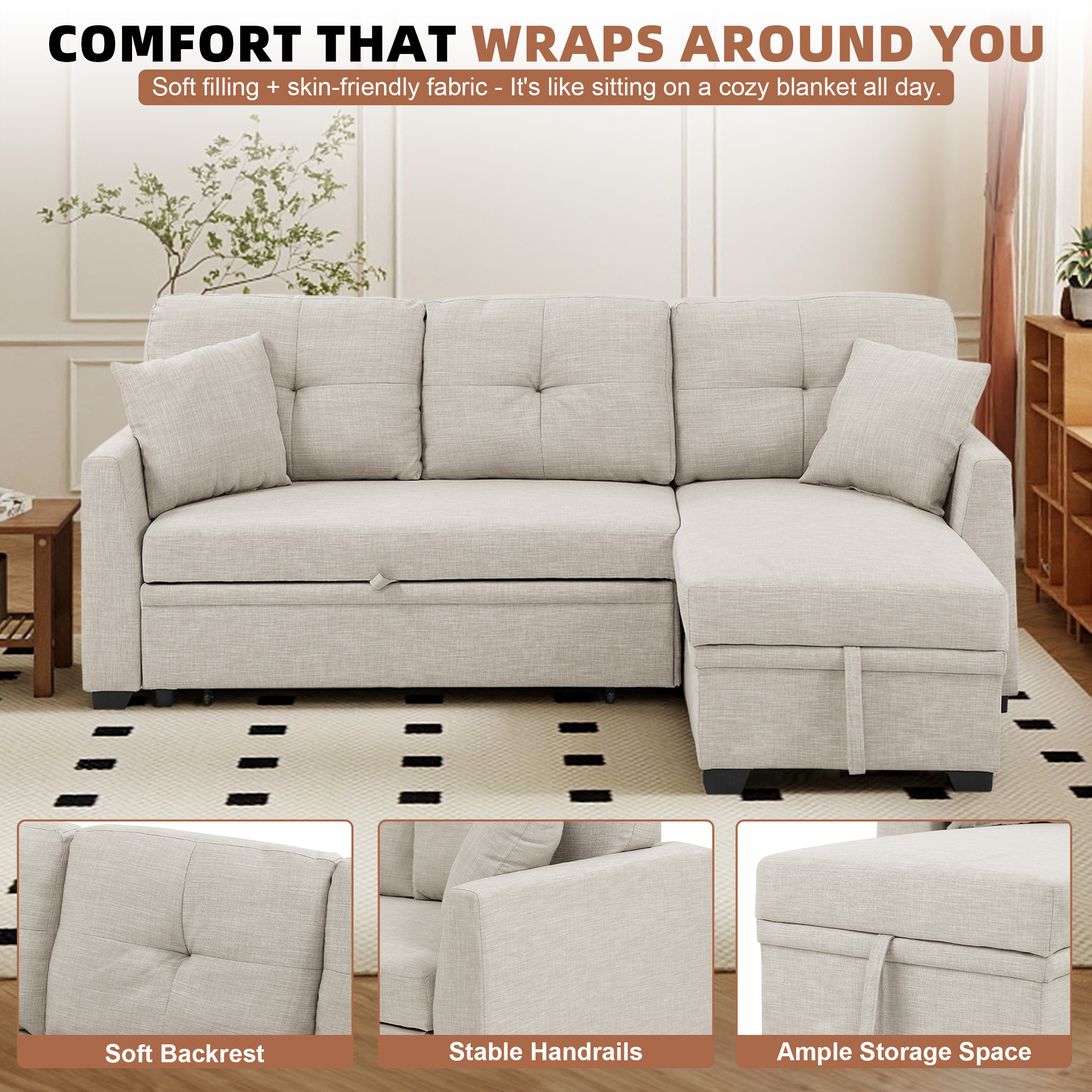 Aukfa Pull-Out Sleeper Sofa Bed with Storage Chaise, Reversible Loveseat for Living Room, Linen, Beige