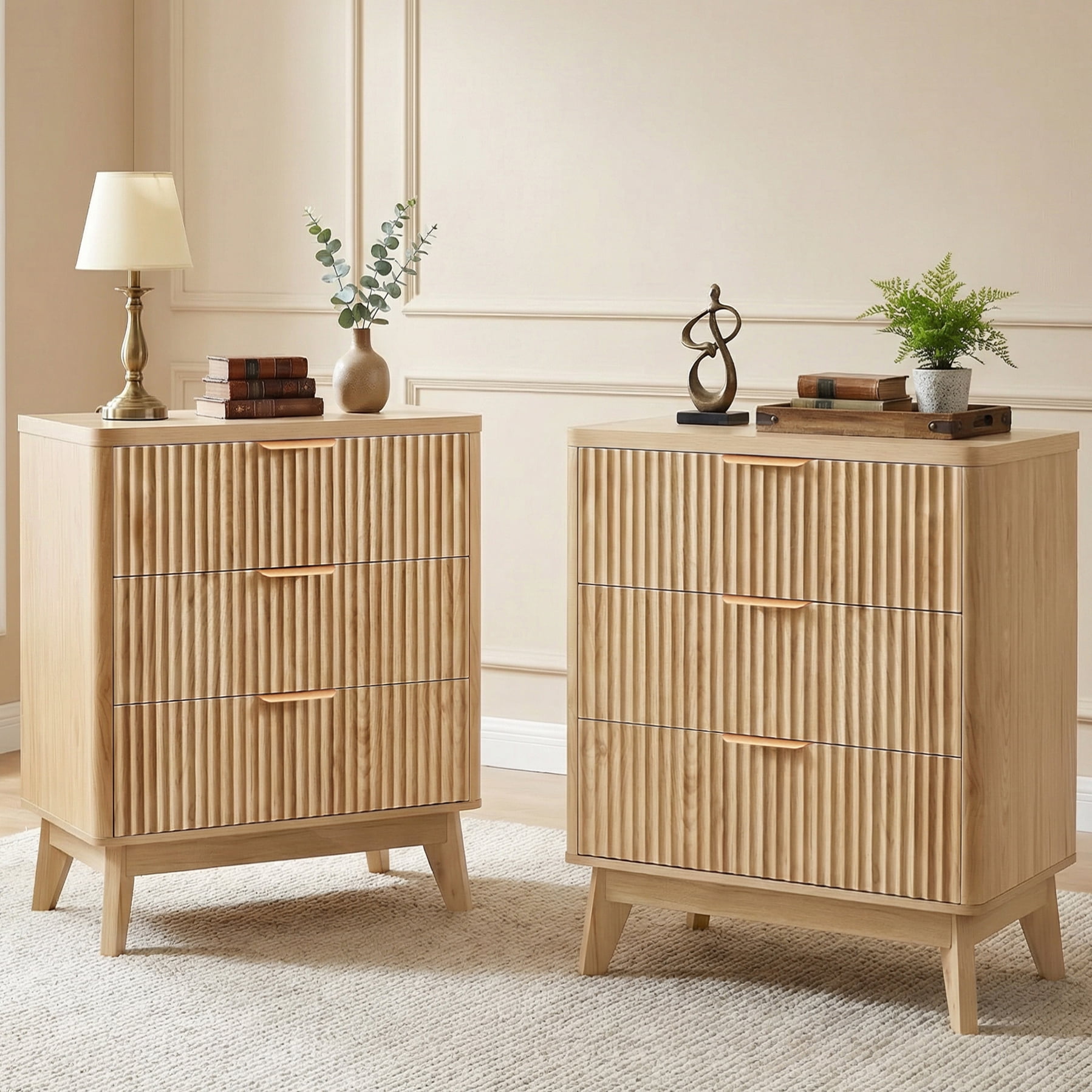Roofar Fluted Nightstand set of 2 with 3 Wooden Drawers 24 Wide Mid Century Modern Bedside Table with Metal Handle for Bedroom Nature