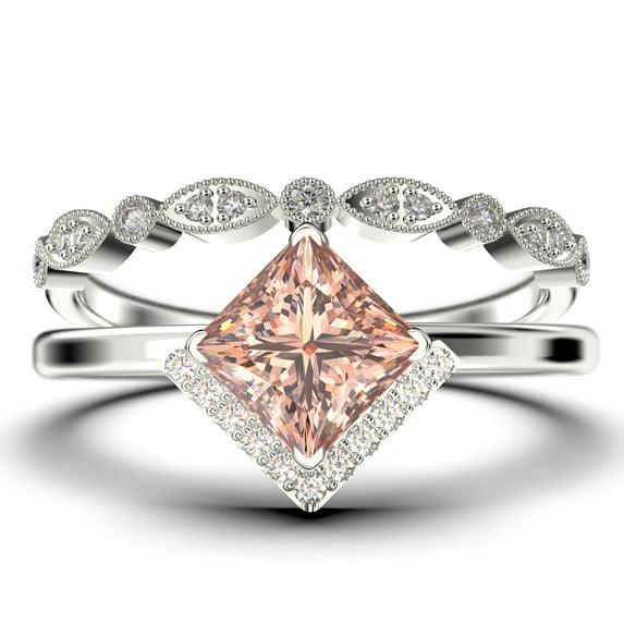 Boho & hippie 2.00 Carat Princess Cut Morganite And Diamond Moissanite Dainty Engagement Ring, Classic Wedding Ring, One Matching Band in 10k Solid White Gold, Gift For Her, Promise Ring, Bridal