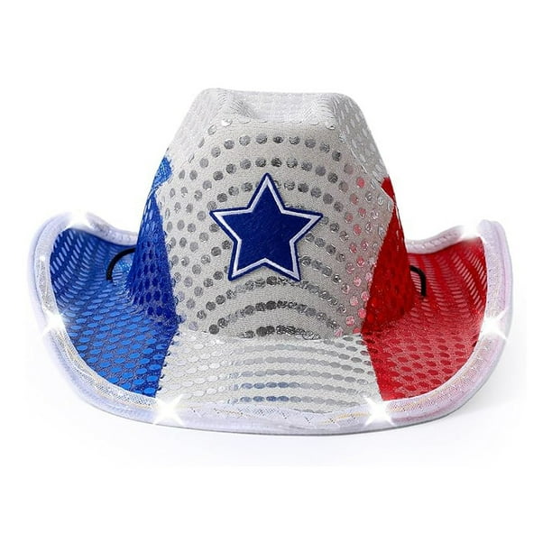 Sombrero vaquero genérico con lentejuelas LED rojo, blanco y azul para adultos