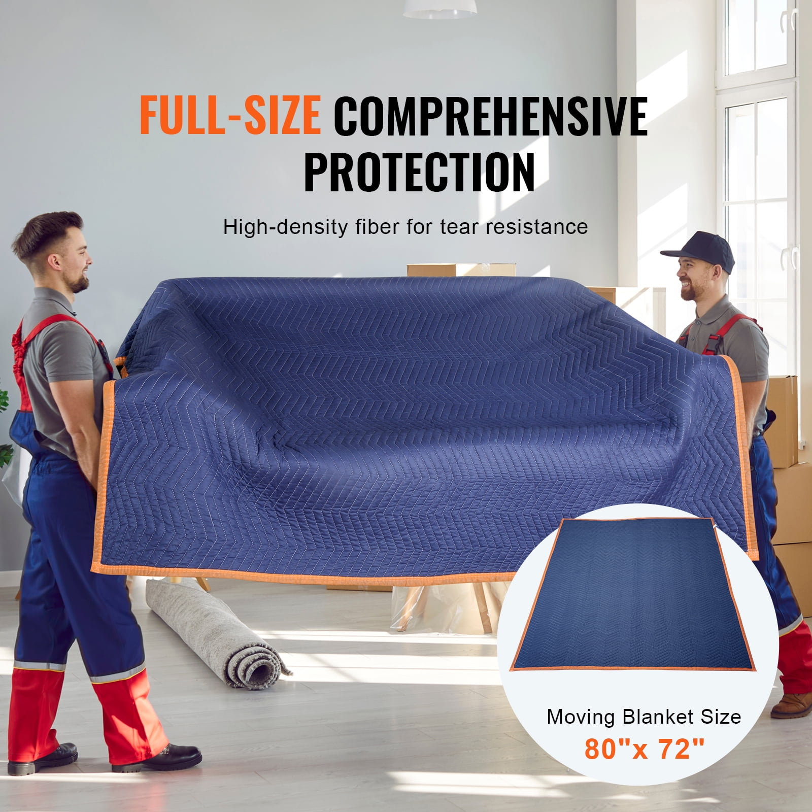 KFFKFF Moving Pads, 80" x 72", 65 lbs/dz, Set of 12, Durable Non-Woven & Recycled Cotton Material, Heavy-Duty Protection for Furniture, Flooring, and Appliances, Blue/Orange