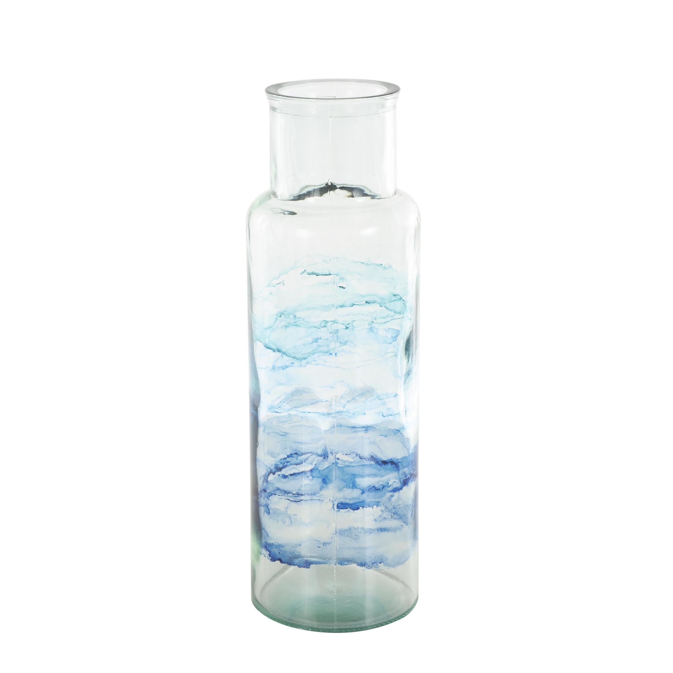 DecMode 18" Abstract Handmade Slim Spanish Bottle Neck Blue Recycled Glass Vase with Ombre Swirled Bands