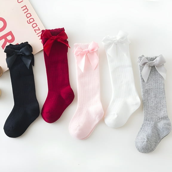 TELOLY 5 Pairs Baby Girl Knee-High Socks Toddlers Bow Stockings Newborn Infant Non-Slip Sock