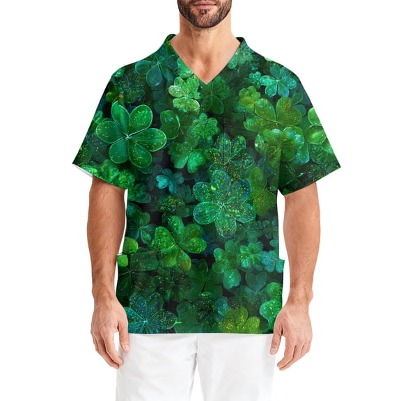 Fgvctg St. Patrick's Day Scrub Tops Men Casual Short Sleeve Cute Shamrock Clover Printed Scrubs Top Loose V Neck Working Shirts Scrub Workwear Nursing Uniform Medical T Shirts with Pockets Green S