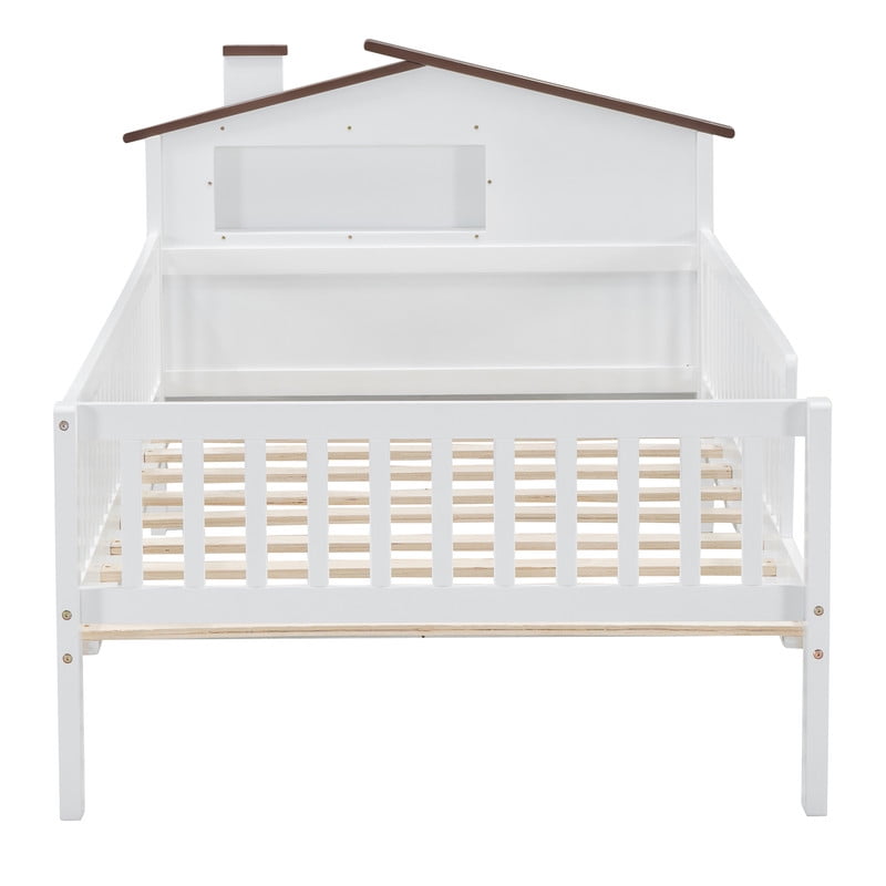 Bellemave Twin Bed with House-Shaped Headboard and Guardrail, Wood Platform Bed Frame Built-in Storage and LED Light, Twin Size Bed No Box Spring Needed (White)