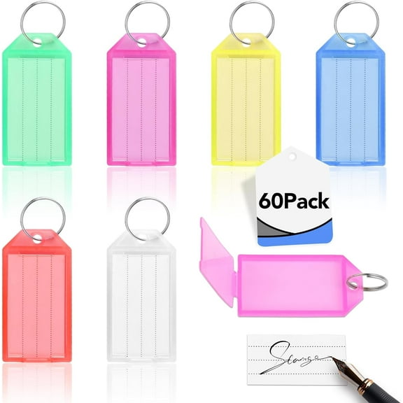 LIOUCBD 60 Piece Keychain with Writable Labels 6 Colors,Set Keychain Labelable with Lid and Loops,Key Labeling for Labeling Keytags DIY