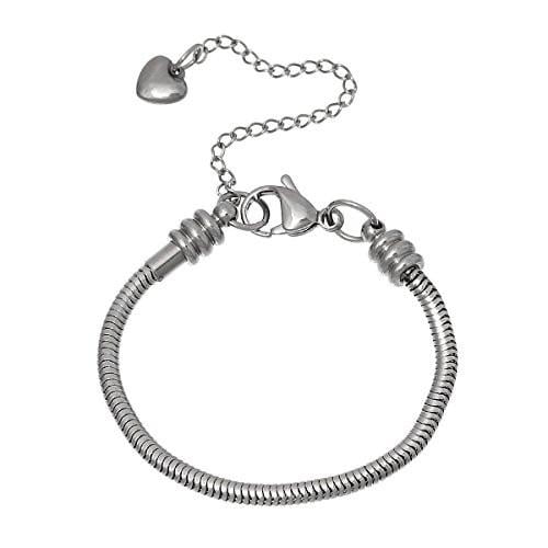 RUBYCA Silver Snake Chain Starter Charm Bracelet Screw-end Heart Lobster Clasp 