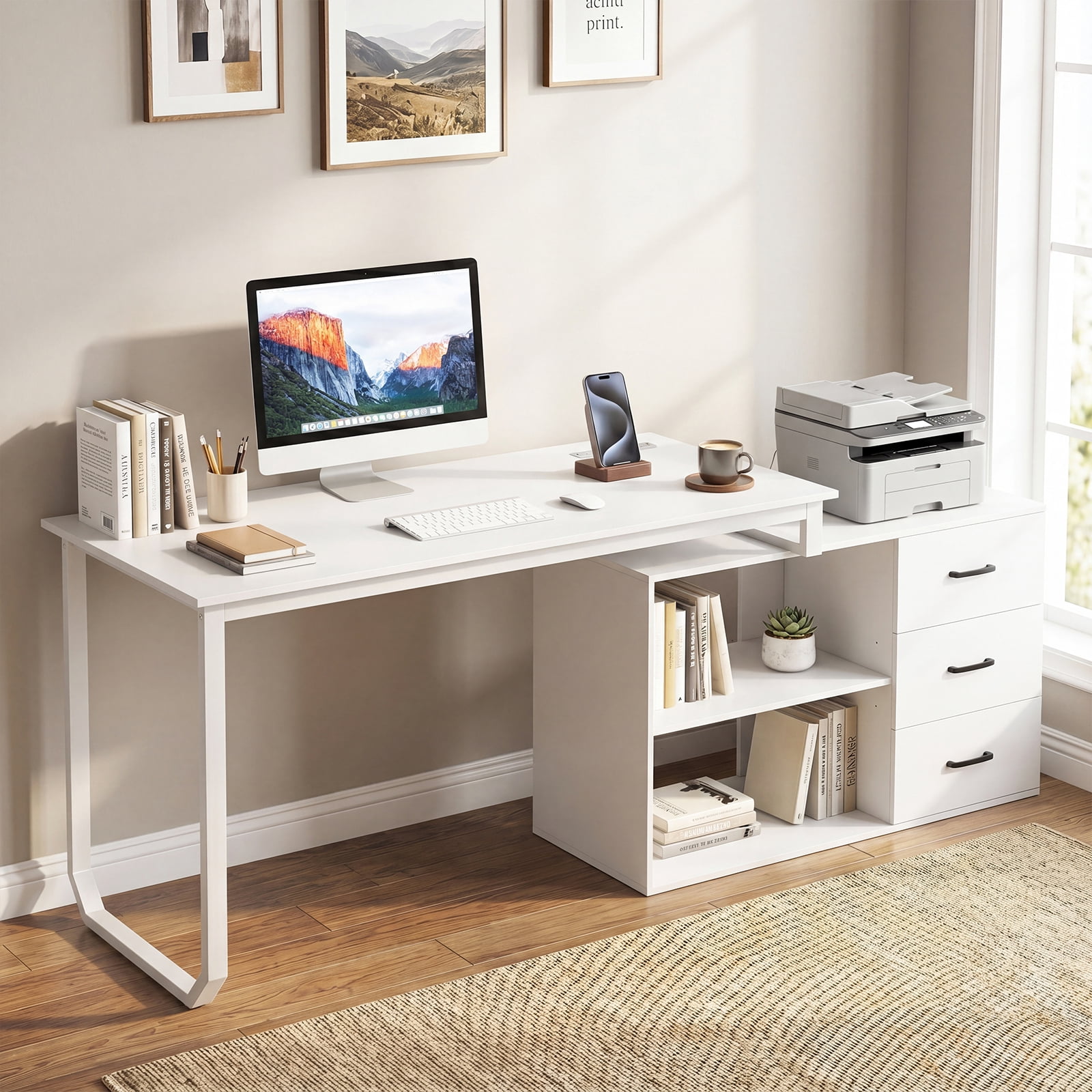Costway L-Shaped Desk with Power Outlet 55" Reversible Computer Desk with 3 Drawers White
