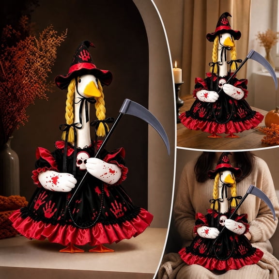 Halloween Witch Outfit, Goose Statue Costume, Spooky Holiday Cloak, Gothic Dress Design and Complete Prop Accessories for Porch Statues, Garden Displays and Party Decor.