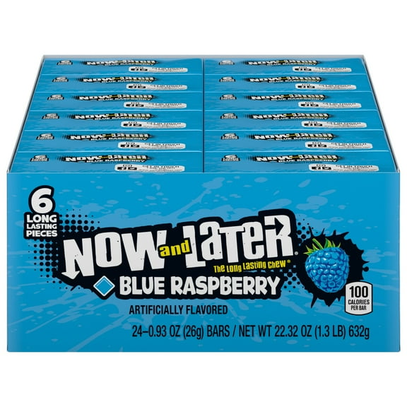 Now and Later Blue Raspberry Long Lasting Chewy Candy, 0.93 oz Bars, 24 Count Display