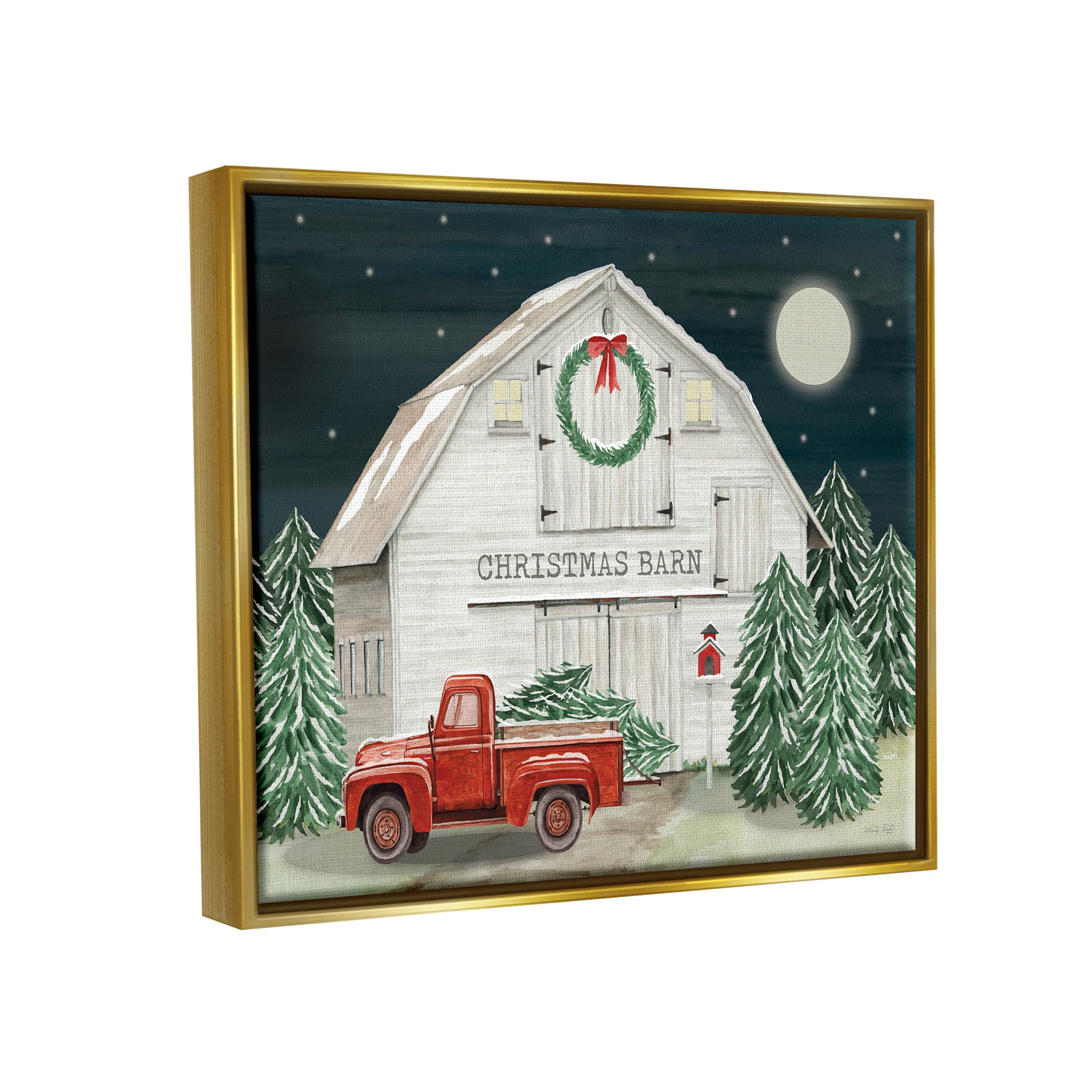 Nighttime Christmas Barn Farm Holiday Graphic Art Metallic Gold Framed Art Print Wall Art