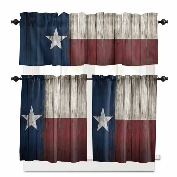 Vintage Flag Kitchen Curtains and Valances Set, Retro Wooden Board Idyllic Style Stars Rod Pocket Window Valance 18 Inch Window Curtain Panels for Living Room Bedroom Laundry, 27.5x24in, 3 Pieces