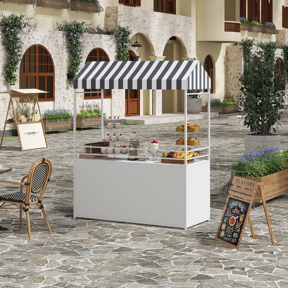 Mobile Vendor Cart with Canopy, 2-Tier Food Display Stand with 2 Doors