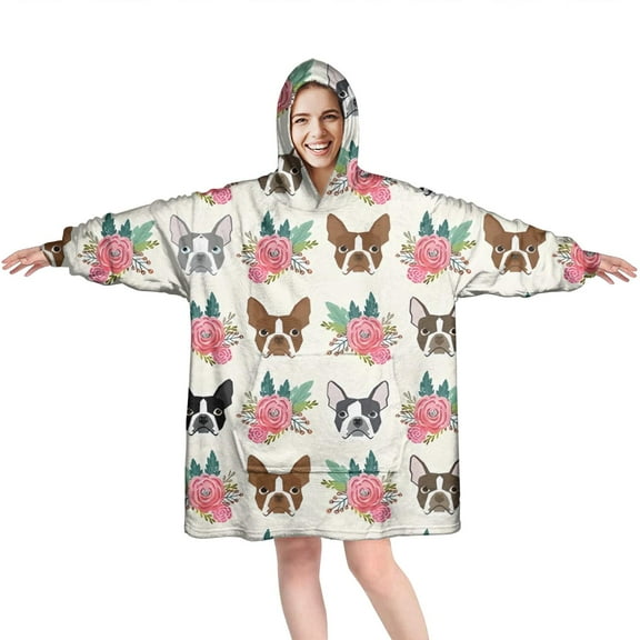 White Boston Terrier and Flower Wearable Oversized Blanket,Wearable Blanket Hoodie for Adults,Cozy Hooded Blankets with Super Pockets,Super Warm Fuzzy Pullover for Women & Men