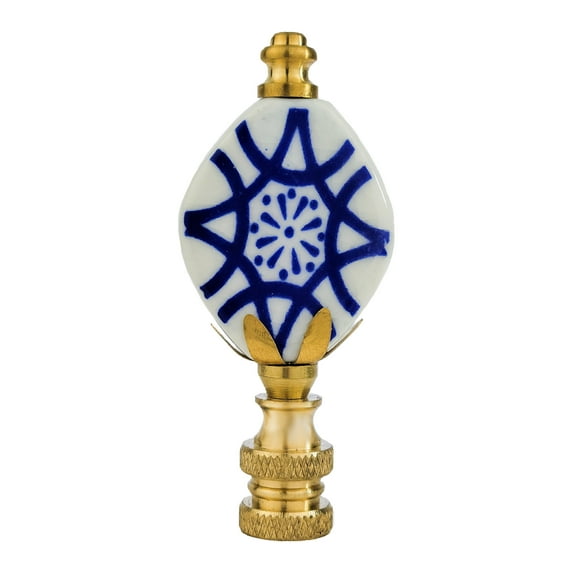 Royal Designs, Inc. Crackled Oval Disk Blue & White Accent Finial for Lamp Shade, F-5304PB-1, Polished Brass, Single