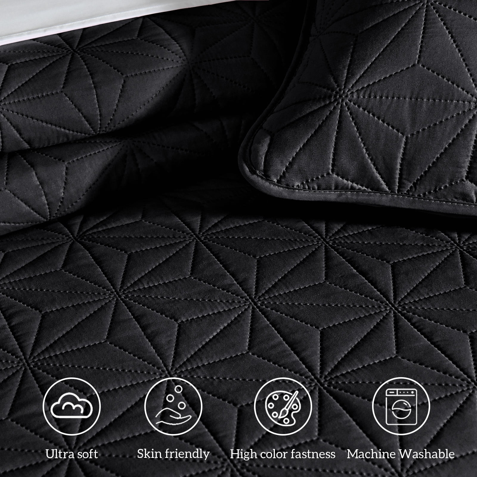 Whale Flotilla Microfiber California King 104"x 112" Quilt Set Lightweight Quilted Bedspreads Coverlets Set with Stars Pattern, Black