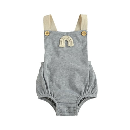 

Toddler Baby Rainbow Embroidery Ribbed Bodysuit Infants Sleeveless Suspender Romper Square Collar Button Decoration Clothing