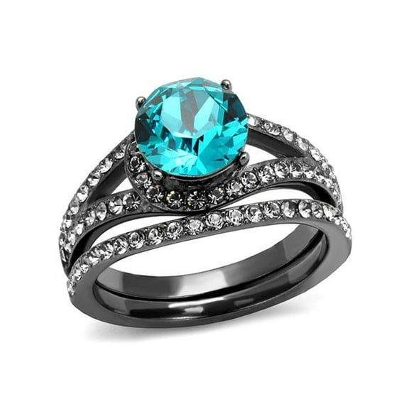 2.39 Ct Blue Zircon Crystal Gray Stainless Steel Wedding Ring Set Womens Size 6