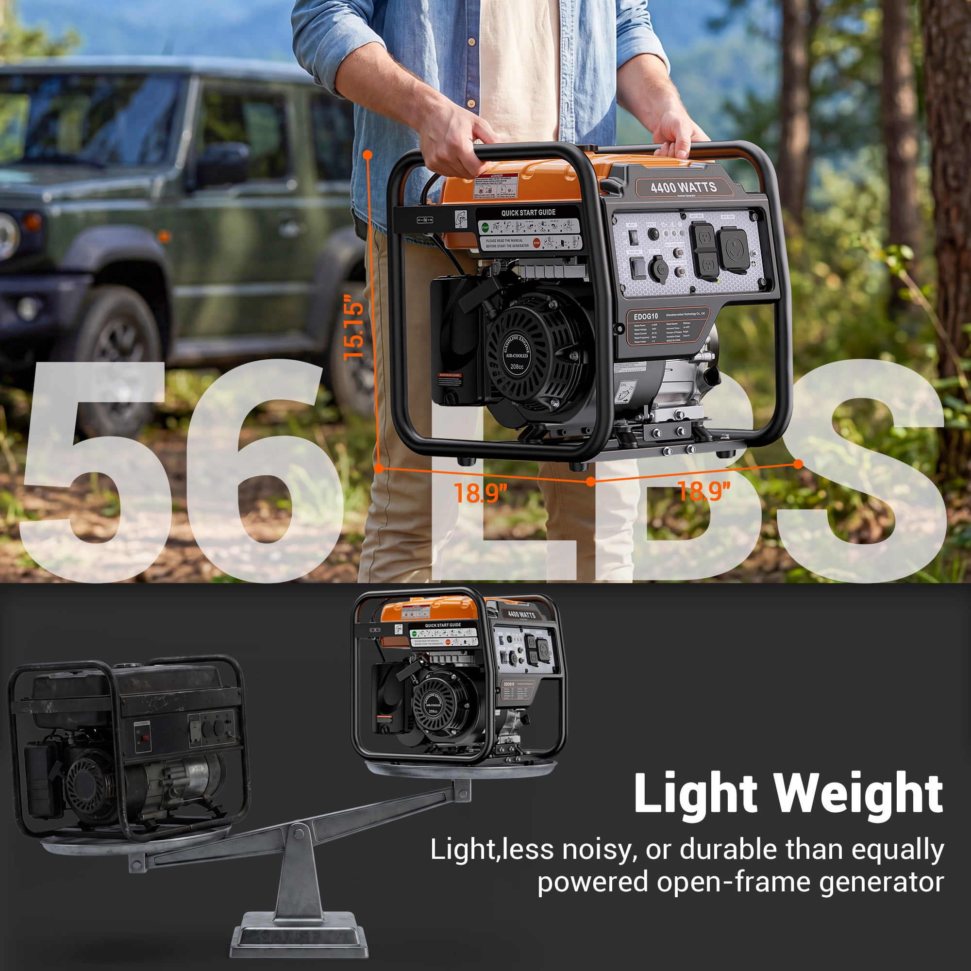 Efurden 4400-Watt Portable Inverter Generator, Gas Powered Generator with ECO Mode for Home Use and Camping, RV Ready, Low Noise