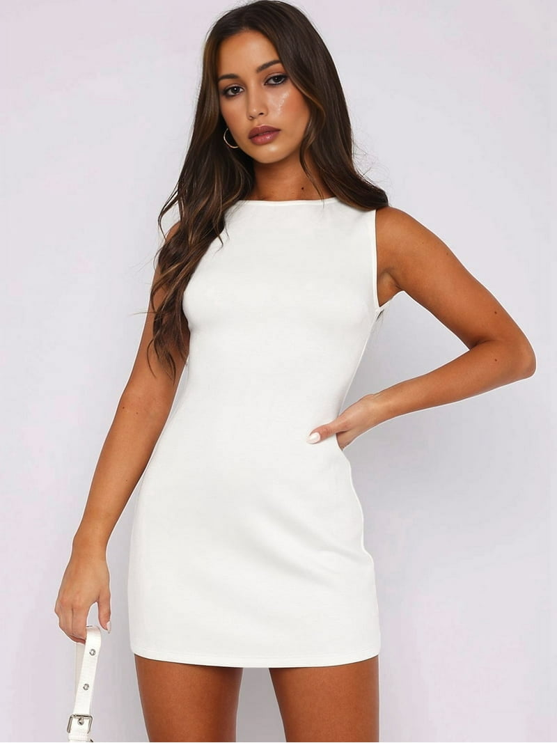 white christmas dresses Women Cream Embellished Pattern Square Neck Cotton Straight Hem Bodycon  Mini Dress