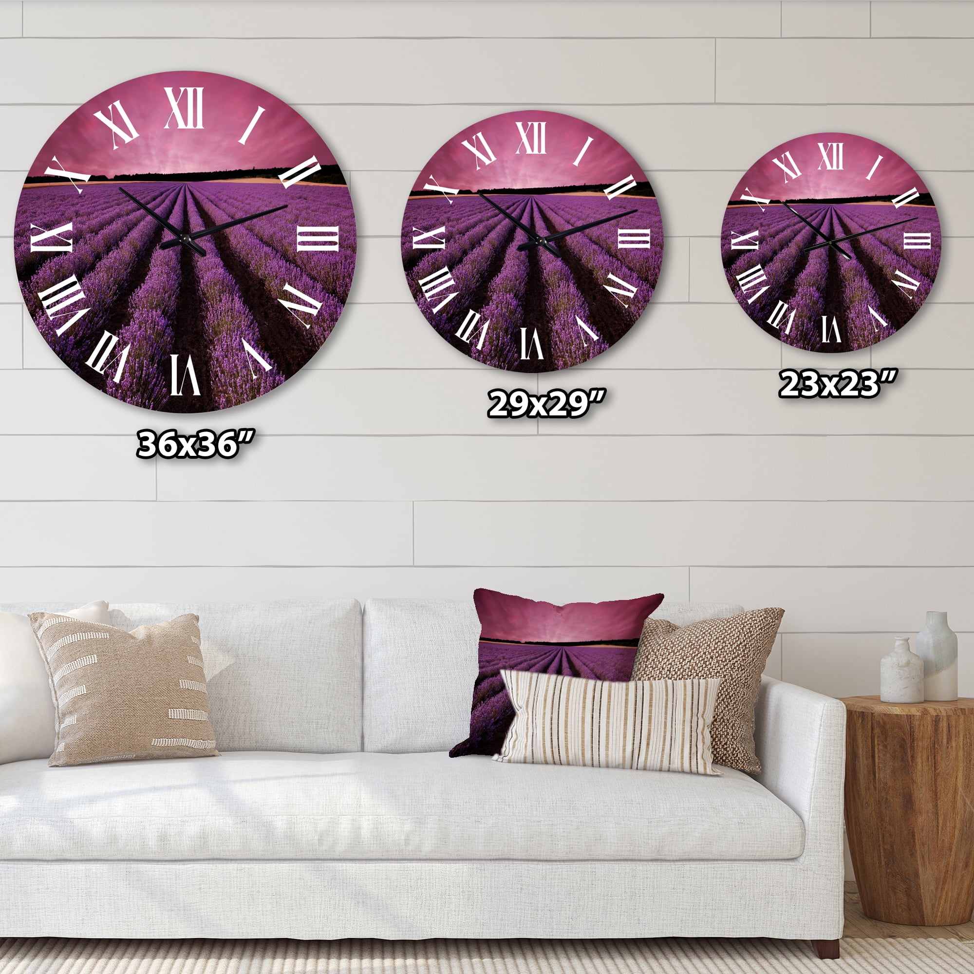 Designart 'Sunrise & Dramatic Clouds Over Lavender Field Xi' Farmhouse Wall Clock