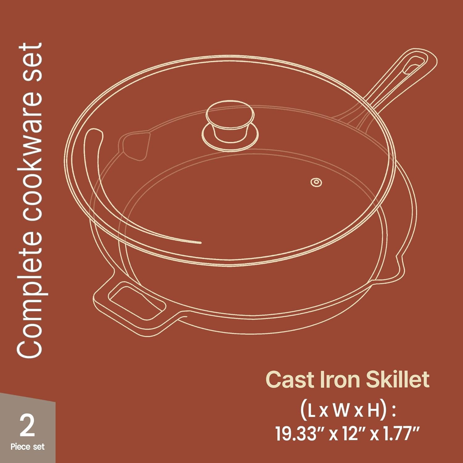 Bakken Pre Seasoned Cast Iron Skillet with Glass Lid & Silicone Handle, 12" Frying Pan for Stove, Oven, Grill & Induction, Even Heat Distribution