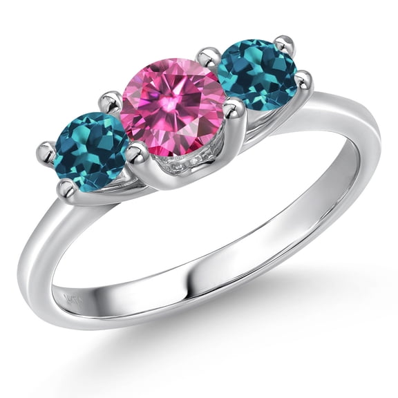 Gem Stone King 14K White Gold Pink Moissanite & London Blue Topaz 3-Stone Engagement Ring | 1.16 Cttw | Round 5MM and 4MM | Three Stone Wedding Anniversary Promise Ring for Women (Size 6)