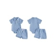 thumbnail image 2 of BemeyourBBs Newborn Baby Boy Girl Summer Clothes 2 Piece Outfits Waffle Texture Button Lapel Neck Short Sleeve Solid Color Romper and Shorts Set, 2 of 9
