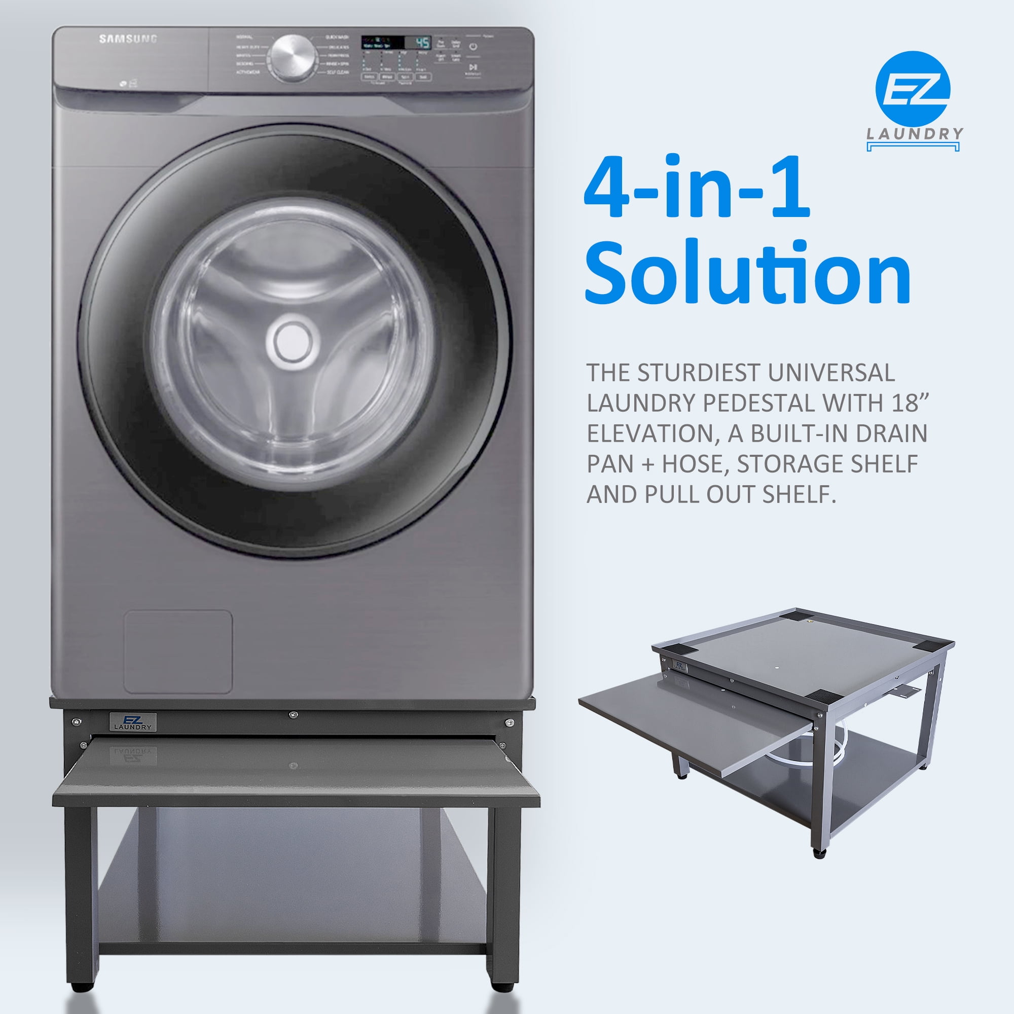 EZ Laundry Pedestal Compact 24" x 18" Washer Dryer Riser with Pull-Out Storage Shelf Gray