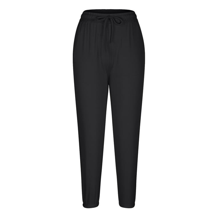 JWZUY Womens Solid Soft Rayon Pant Joggers Pants Sweatpant Pant Drawstring  Elastic Waist Ankle Pants Casual Summer Fall Trouser Black M
