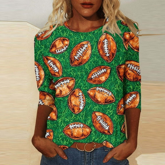 Gamivast Game Day Tops Women Plus Size 3/4 Sleeve Football Graphic Shirt Loose Fitted Drop Shoulder Crew Neck Casual Blouse Funny Superbowl Outfits