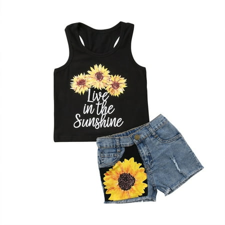 

Toddler Baby Girls Summer Clothes Set Live in The Sunshine Letter Sunflower Vest Tank Tops + Denim Short Pants Outfit 2-3 Years