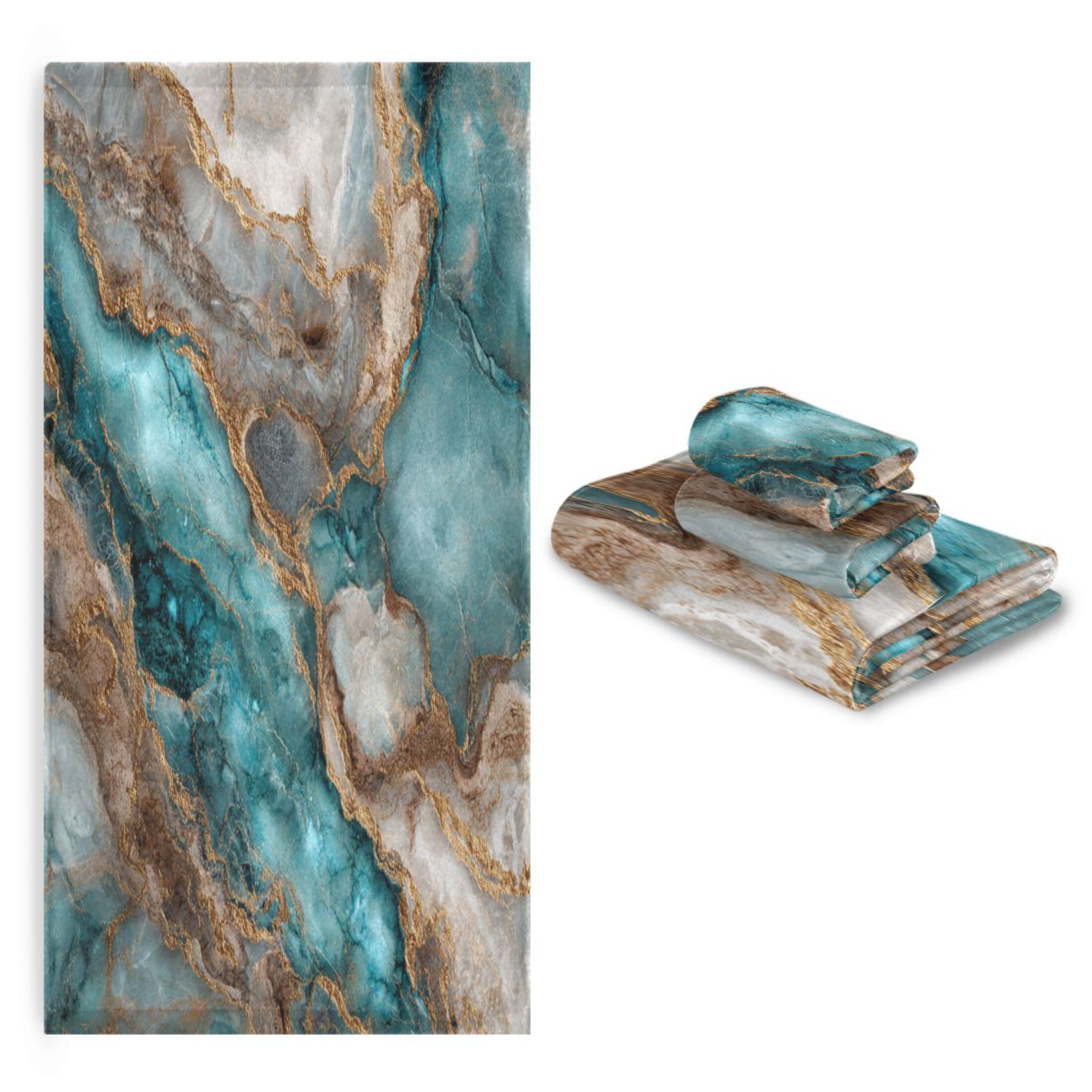 3 Sizes of Towel Sets Including Bath Towel Hand Towel and Washcloth for Daily Use Turquoise and Gold Marble