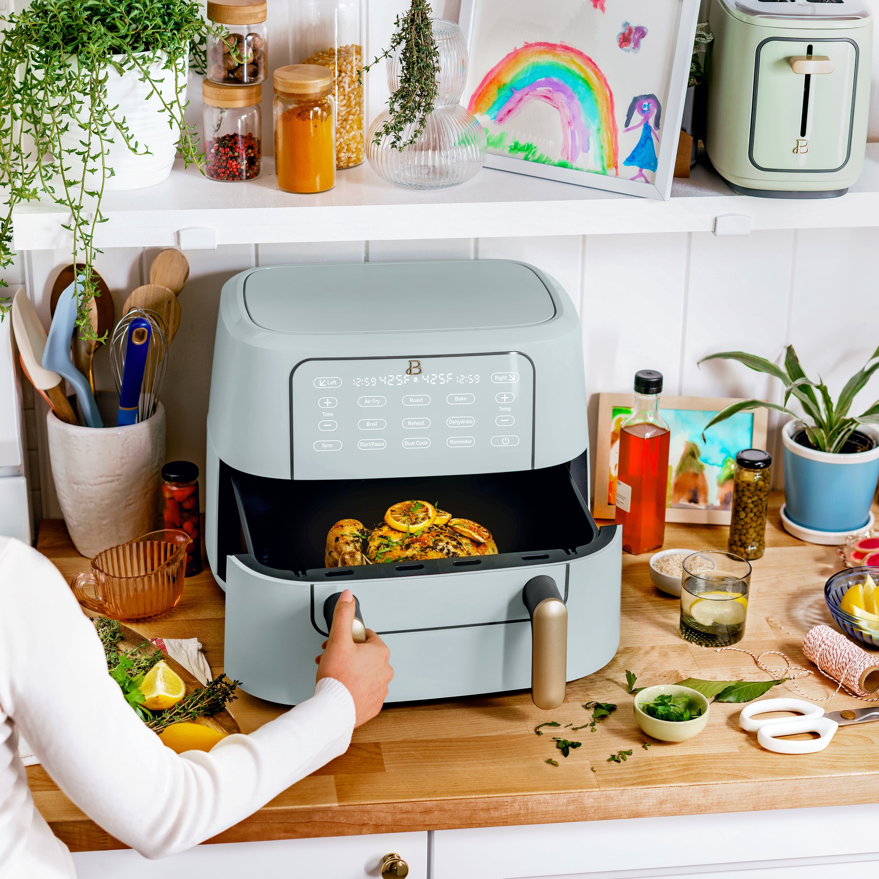 Beautiful 9 Qt TriZone Dual Basket Air Fryer, EverGood™ Ceramic Nonstick Coating, Hydrangea by Drew Barrymore