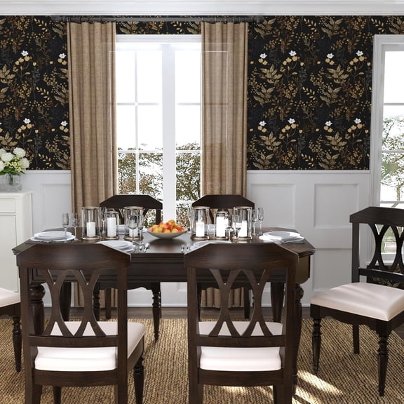 Black Floral Wallpaper Peel and Stick Wallpaper Leaf Wallpapers Gold Leaf Contact Paper for Cabinets Waterproof Self Adhesive Wall Paper for Kitchen Countertop Wall 17.5" x 393"