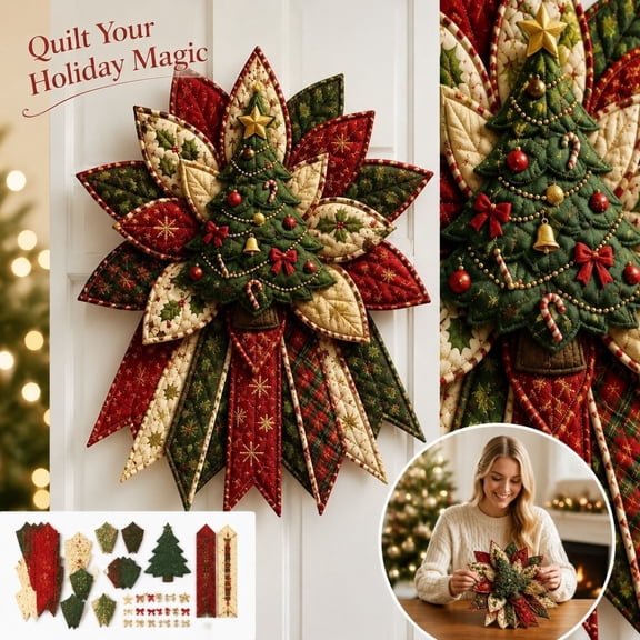 Christmas Patchwork Wreath Set for Front Door Wall Decoration, 11.8Inch Christmas Tree Quilted Poinsettia DIY Sewing Kit, Farmhouse Hand‑Sew Craft Material for Xmas Holiday Ornament