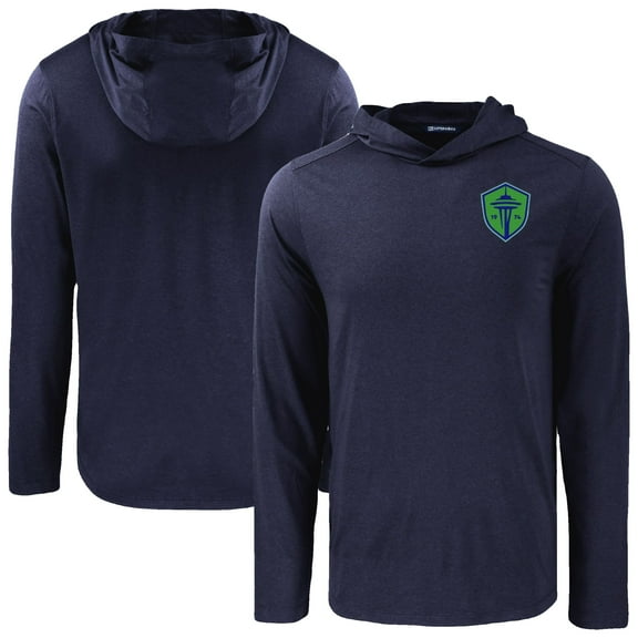 Men's-Cutter & Buck  Navy Seattle Sounders FC Coastline Epic Comfort Eco Long Sleeve Recycled Hooded Shirt