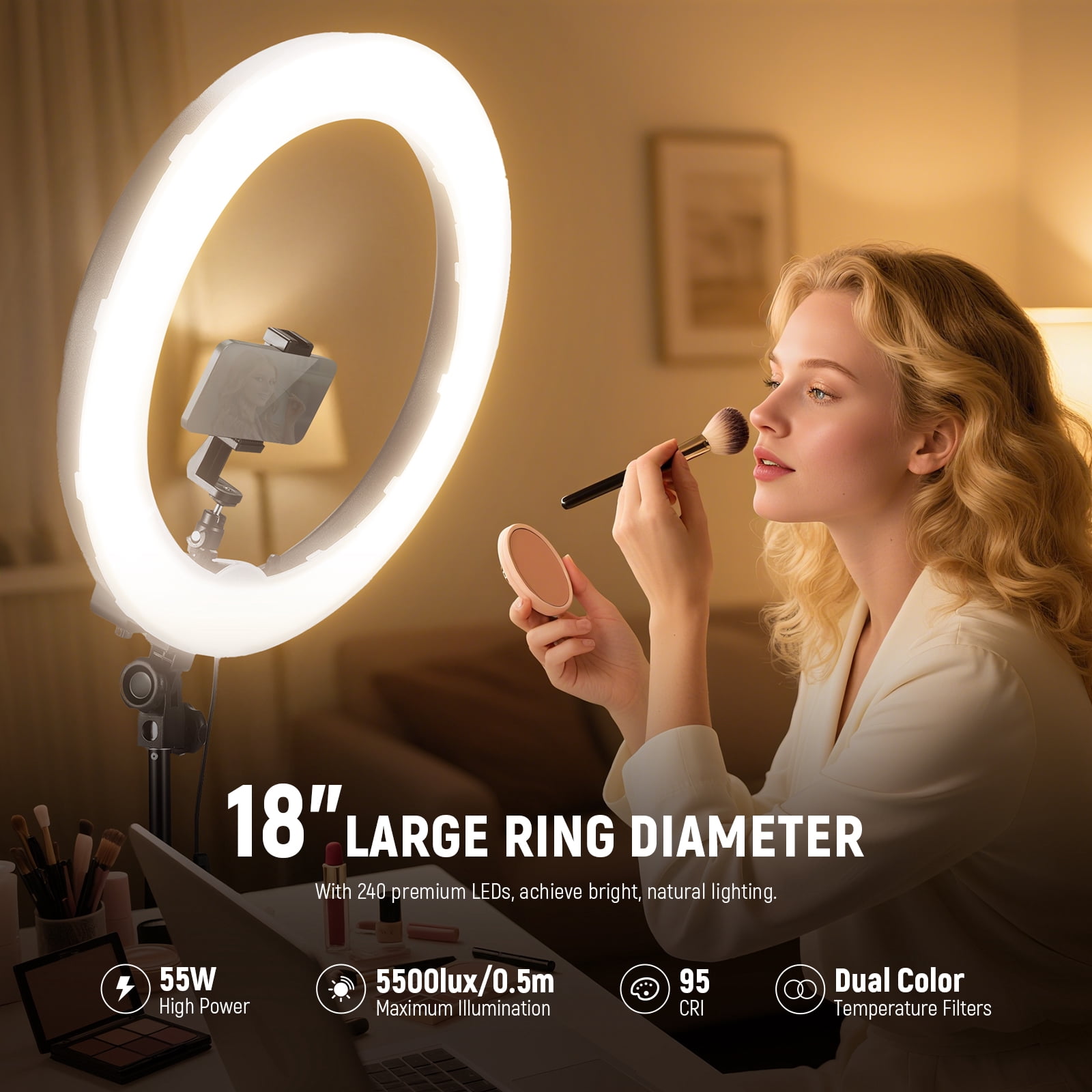Neewer 55W Ring Light Kit with Stand & Phone Holder | 18" 5600K Dimmable LED for Selfie/Makeup/Photography, Compatible with iPhone – Model RL-18D
