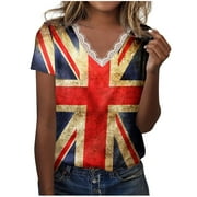 SOOMLON Women's Independence Day Shirts Gifts Independence Day Print Blouse Lace Tops V-Neck Short Sleeve Beige L